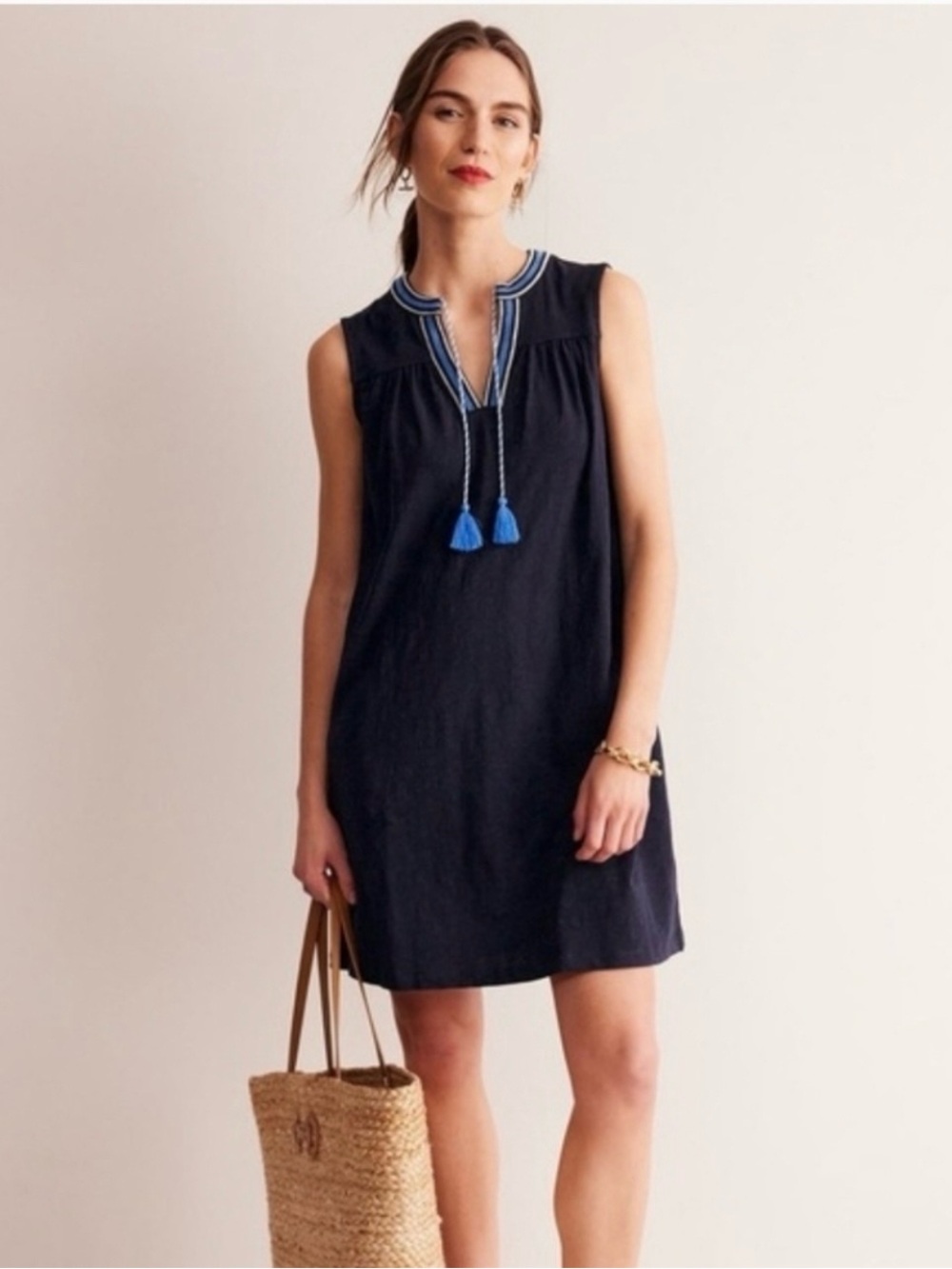 Boden Nadine Notch Dress Women’s US 6R Navy Blue Cotton Embroidered Tassel Shift